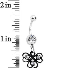 Load image into Gallery viewer, Clear Czech Stone Black Swirl Trio of Love Dangle Belly Ring
