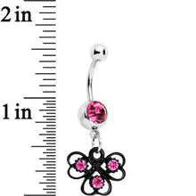 Load image into Gallery viewer, Pink Czech Stone Black Swirl Trio of Love Dangle Belly Ring
