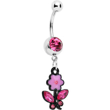 Load image into Gallery viewer, Pink Czech Stone Black Faceted Floral Foliage Dangle Belly Ring
