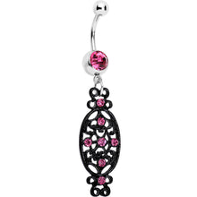 Load image into Gallery viewer, Pink Czech Stone Black Victorian Design Dangle Belly Ring

