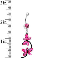 Load image into Gallery viewer, Pink Czech Stone Black Double Dragonfly Dangle Belly Ring
