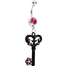 Load image into Gallery viewer, Pink Czech Stone Black Victorian Antique Key Dangle Belly Ring
