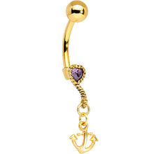 Load image into Gallery viewer, Gold Plated 925 Silver Anchor My Heart PurpleGem Dangle Belly Ring

