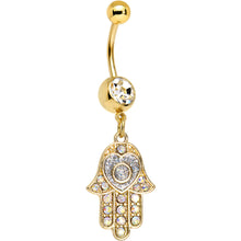 Load image into Gallery viewer, Clear Aurora Gem Gold Anodized Hamsa Heart Dangle Belly Ring
