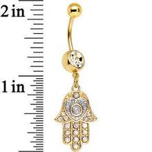 Load image into Gallery viewer, Clear Aurora Gem Gold Anodized Hamsa Heart Dangle Belly Ring

