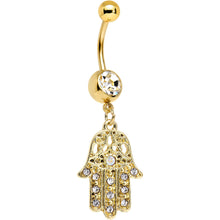 Load image into Gallery viewer, Clear Gem Gold Anodized Hamsa Hand Dangle Belly Ring
