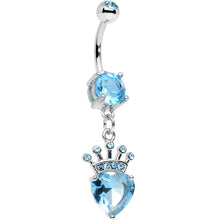 Load image into Gallery viewer, Aqua Gem Claddagh Inspired Heart and Crown Dangle Belly Ring
