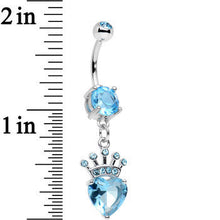 Load image into Gallery viewer, Aqua Gem Claddagh Inspired Heart and Crown Dangle Belly Ring
