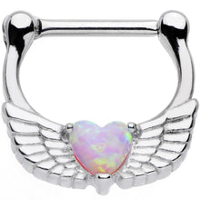 Load image into Gallery viewer, 16G Steel Pinkish Synthetic Opal Heart Angel Wing Septum Clicker
