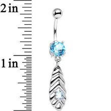 Load image into Gallery viewer, Shades of Blue CZ Gem Feather Dangle Stainless Steel Belly Ring
