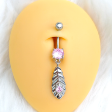 Load image into Gallery viewer, Pink and Clear CZ Gem Feather Dangle Belly Ring
