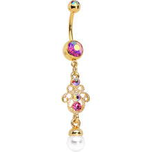 Load image into Gallery viewer, Pink Aurora Gem Faux Pearl Gold Anodized Hamsa Dangle Belly Ring
