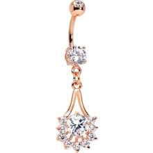 Load image into Gallery viewer, 14k Rose Gold Plated Clear Gem Tribal Fan Drop Dangle Belly Ring
