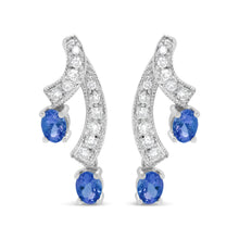 Load image into Gallery viewer, 14K White Gold 4x3MM Oval Shaped Natural Blue Tanzanite Gemstone and 1/5 Cttw Diamond Double 3/4" Inch Drop Stud Earrings (H-I Color, VS1-VS2 Clarity)
