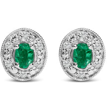 Load image into Gallery viewer, 14K White Gold Oval Green Emerald and 1/10 Cttw Diamond Halo Stud Earrings  (I-J Color, I1-I2 Clarity)
