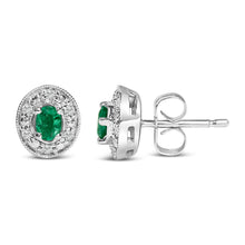 Load image into Gallery viewer, 14K White Gold Oval Green Emerald and 1/10 Cttw Diamond Halo Stud Earrings  (I-J Color, I1-I2 Clarity)
