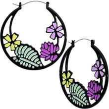 Load image into Gallery viewer, Pink Purple Green Floral Bouquet Black Tunnel Hoop Earrings
