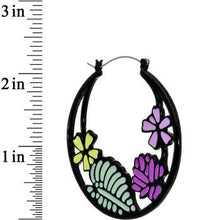 Load image into Gallery viewer, Pink Purple Green Floral Bouquet Black Tunnel Hoop Earrings
