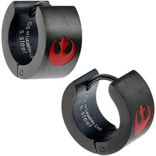 Load image into Gallery viewer, Licensed Star Wars Red Rebel Logo Black PVD Hoop Huggy Earrings
