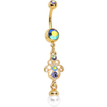 Load image into Gallery viewer, Aurora Gem Faux Pearl Gold Anodized Hamsa Dangle Belly Ring
