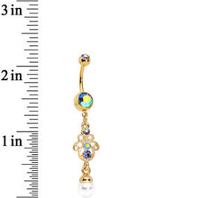 Load image into Gallery viewer, Aurora Gem Faux Pearl Gold Anodized Hamsa Dangle Belly Ring
