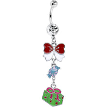 Load image into Gallery viewer, Clear Gem Christmas Present and Bow Dangle Belly Ring
