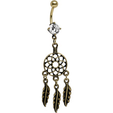 Load image into Gallery viewer, Clear CZ Burnished Gold Anodized Dreamcatcher Dangle Belly Ring
