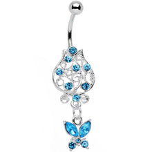 Load image into Gallery viewer, Aqua Gem Framework Flower Butterfly Dangle Belly Ring
