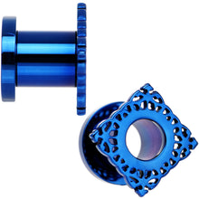 Load image into Gallery viewer, 0G Blue PVD Filigree Frame Screw Fit Tunnel Plug Set
