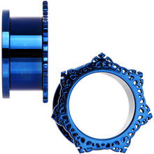 Load image into Gallery viewer, 3/4 Blue PVD Filigree Frame Screw Fit Tunnel Plug Set
