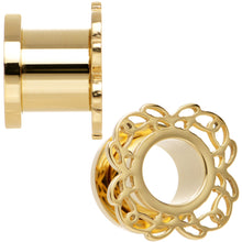 Load image into Gallery viewer, 00G Gold PVD Filigree Flower Screw Fit Tunnel Plug Set
