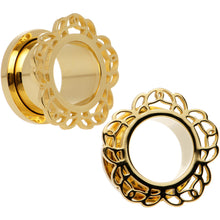 Load image into Gallery viewer, 9/16 Gold PVD Filigree Flower Screw Fit Tunnel Plug Set
