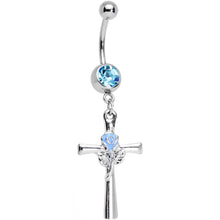 Load image into Gallery viewer, Baby Blue Gem Cross and Rose Flower Loving Spirit Dangle Belly Ring
