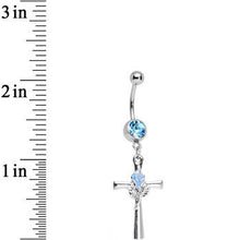 Load image into Gallery viewer, Baby Blue Gem Cross and Rose Flower Loving Spirit Dangle Belly Ring
