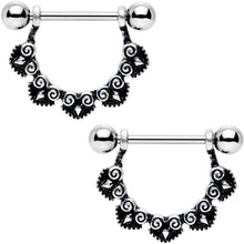Load image into Gallery viewer, 14G 5/8 Stainless Steel Black Deco Pattern Barbell Nipple Shield Set
