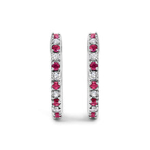 Load image into Gallery viewer, 10K White Gold Alternating Diamond and Red Ruby Huggy Hoop Earrings (I-J Color, I1-I2 Clarity)
