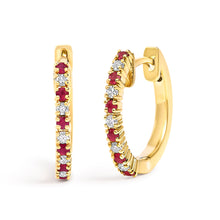 Load image into Gallery viewer, 10K White Gold Alternating Diamond and Red Ruby Huggy Hoop Earrings (I-J Color, I1-I2 Clarity)
