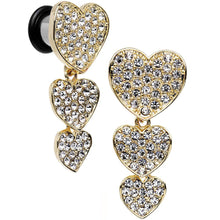 Load image into Gallery viewer, Clear Gem Steel Triple Heart Single Flare Dangle Plug Set Sizes 5mm to 00G
