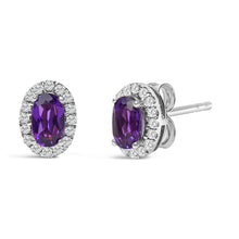 Load image into Gallery viewer, 10K White Gold 5x3 MM Oval Purple Amethyst and Diamond Halo Stud Earrings (I-J Color, I1-I2 Clarity)
