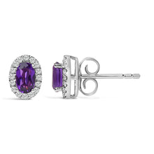 Load image into Gallery viewer, 10K White Gold 5x3 MM Oval Purple Amethyst and Diamond Halo Stud Earrings (I-J Color, I1-I2 Clarity)
