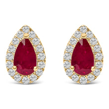 Load image into Gallery viewer, 10K Yellow Gold 5X3 MM Pear-Cut Ruby and 1/7 Cttw Diamond Halo Stud Earrings (I-J Color, I1-I2 Clarity)

