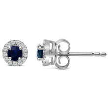 Load image into Gallery viewer, 10K White Gold 3.25mm x 3.25mm Round Blue Sapphire and 1/10 Cttw Diamond Halo Stud Earrings (I-J Color, I1-I2 Clarity)

