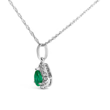 Load image into Gallery viewer, 10K White Gold 5x3mm Green Emerald and Diamond Accent Halo Pear Shape 18" Pendant Necklace (I-J Color, I1-I2 Clarity)
