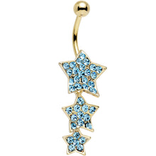 Load image into Gallery viewer, Aqua Gem Gold Plated Steel Triple Star Dangle Belly Ring
