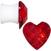 Load image into Gallery viewer, White Acrylic Red Faceted Valentine Heart Saddle Plug Set 2G to 26mm
