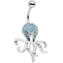 Load image into Gallery viewer, Clear and Aqua Gem Paved Steel I'm All Tentacles Octopus Belly Ring

