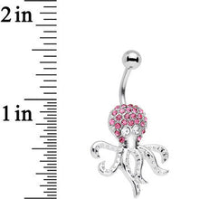 Load image into Gallery viewer, Clear and Pink Gem Paved Steel I'm All Tentacles Octopus Belly Ring
