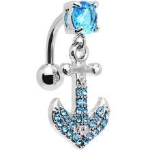 Load image into Gallery viewer, Aqua Gem Paved Set My Sails Anchor Top Mount Dangle Belly Ring
