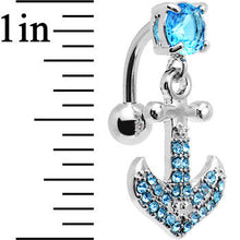Load image into Gallery viewer, Aqua Gem Paved Set My Sails Anchor Top Mount Dangle Belly Ring
