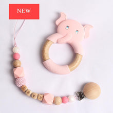 Load image into Gallery viewer, Modern Luxury Pacifier Clip Chain Beech Beads Silicone Elephant Pendant Baby Teething Nursing Clips Chain For Baby
